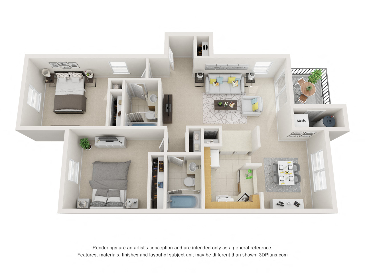 Floor plan for 2 beds, 2 baths, 1082 sqft